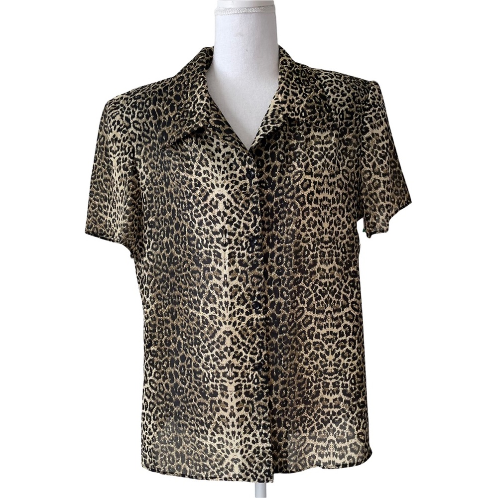 Virgo VTG 80’s Satin Animal Print Button Down Semi-Sheer Short Sleeve Blouse 12